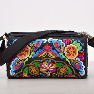 Embroidered Black Floral Women's Crossbody Bag
